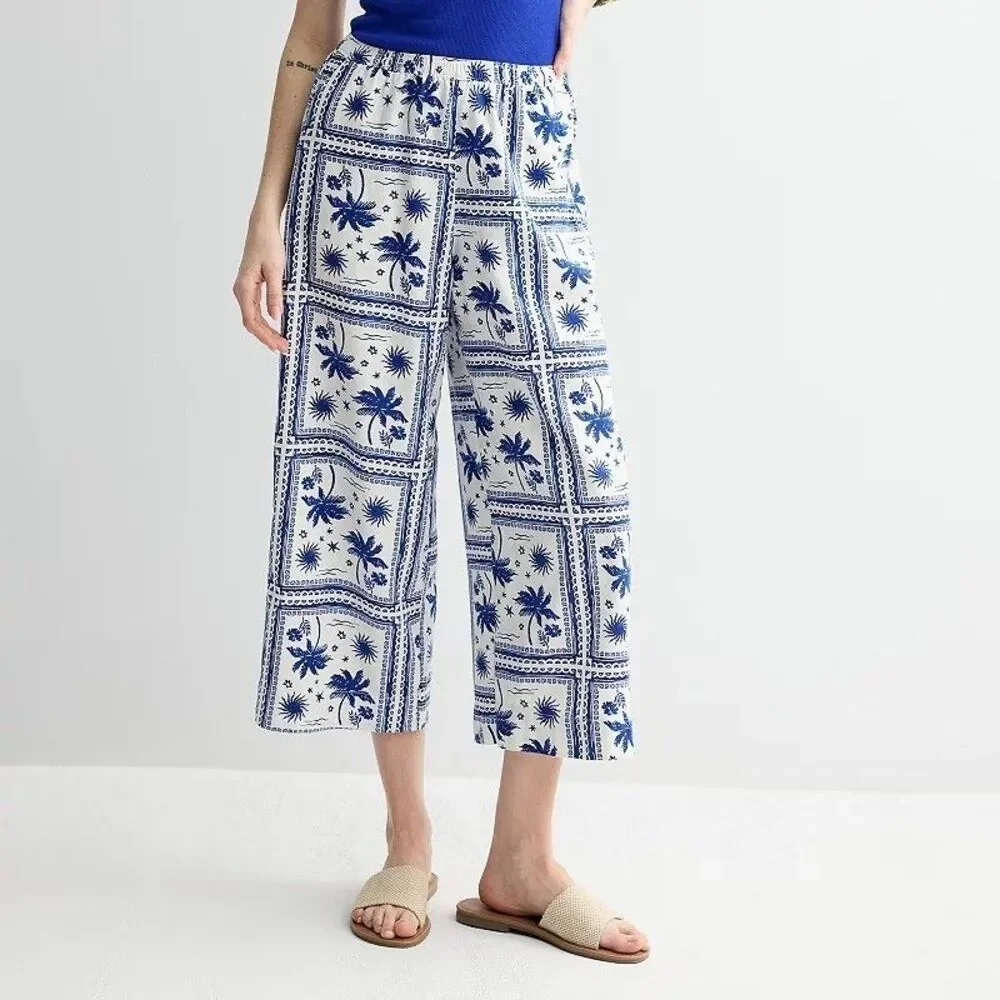 Sonoma Linen Blend Wide Leg Cropped Pants Womens XL Blue Beach Vacation NEW - Picture 1 of 8